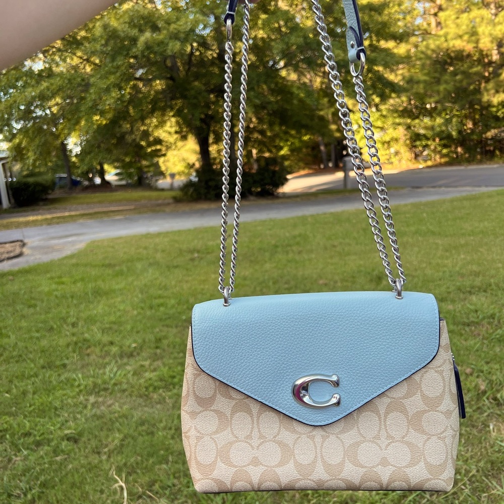 Coach Light Blue and Tan Signature Shoulder Bag